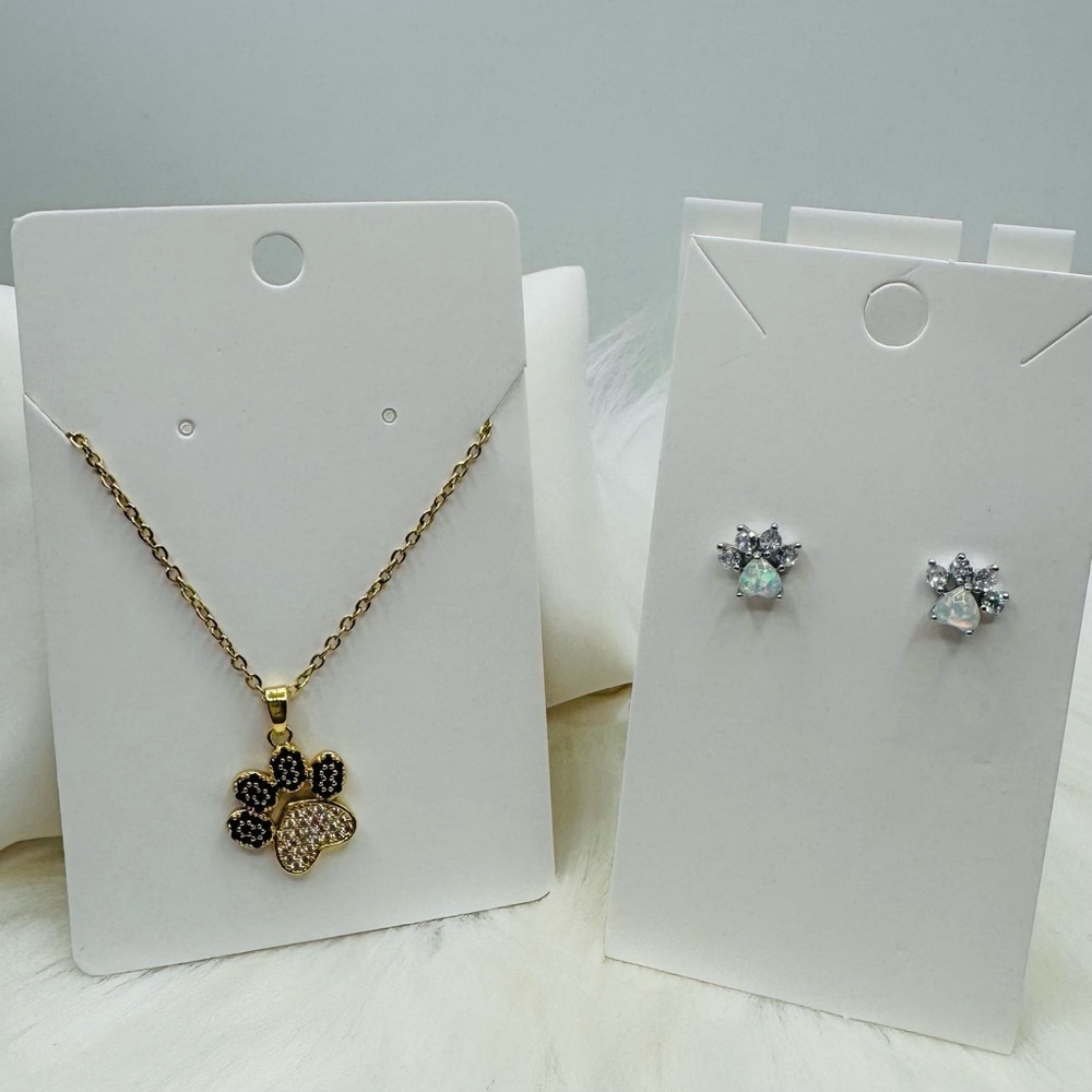 Paw Necklace with Rhinestones & Paw Earring Studs